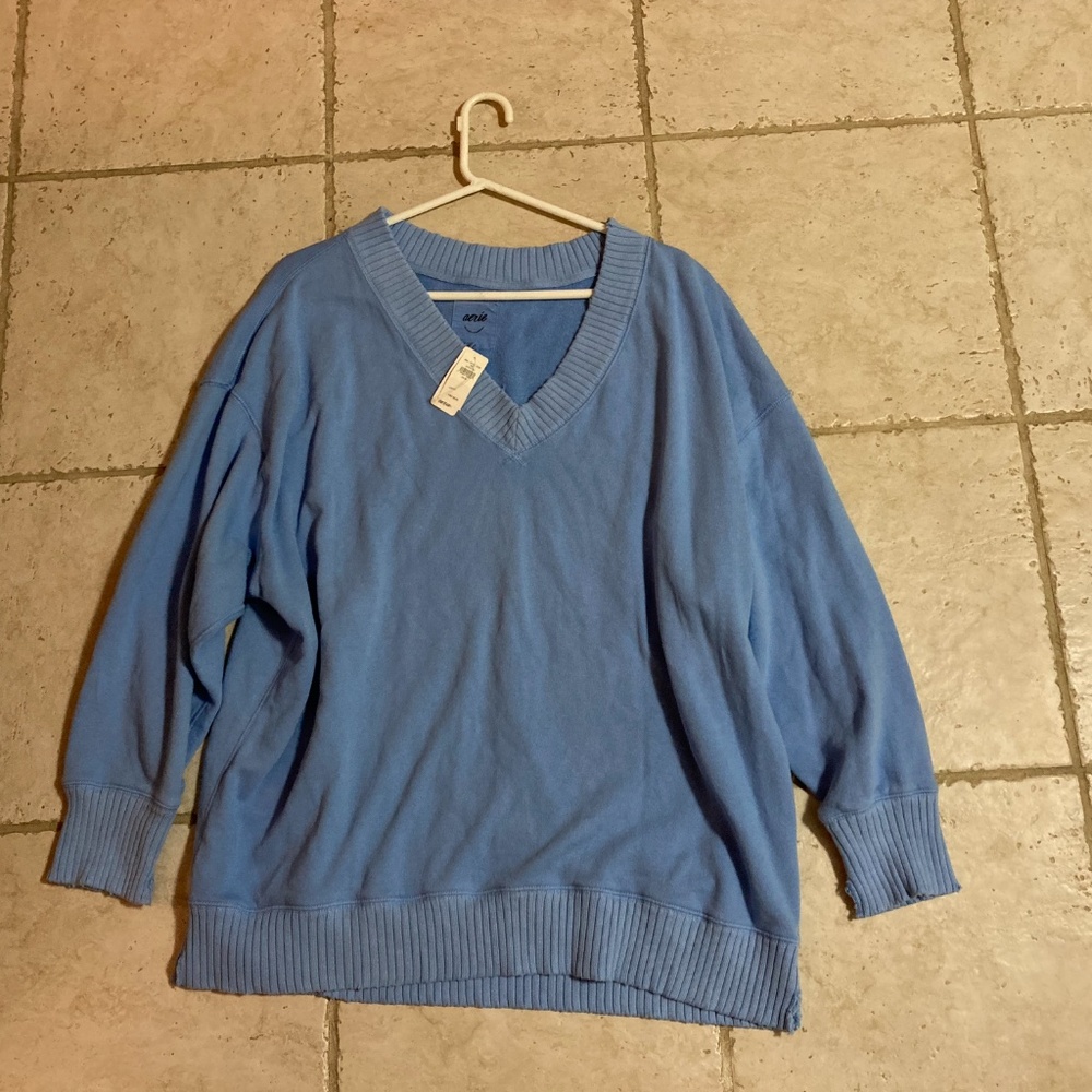 NWT Aerie Oversized Pull Over Pullover V Neck Sweater Medium 100% Cotton - Picture 8 of 8
